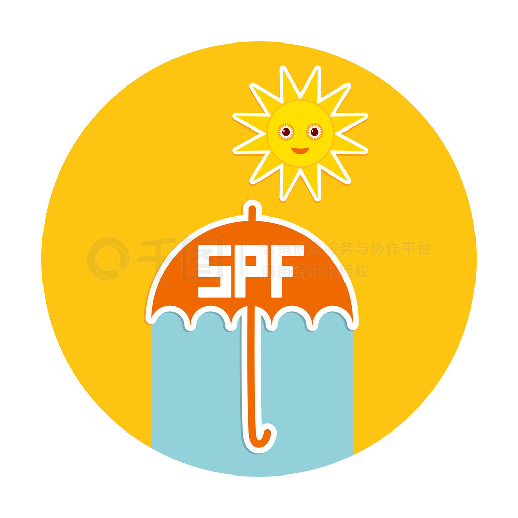 Summer vacation beach. Umbrella, bright sun, sunscreen, SPF. Yellow Green Blue Orange. Vector