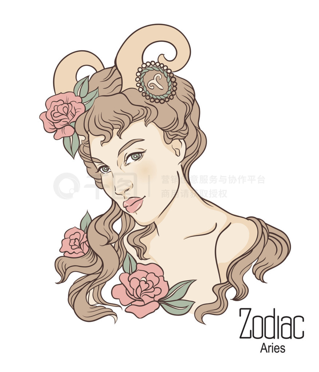 Zodiac. Vector illustration of Aries as girl with flowers.