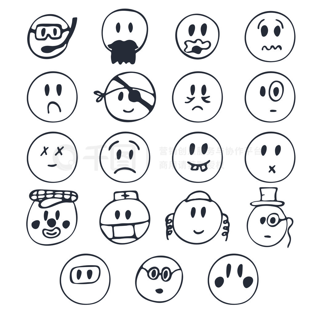 Hand drawn faces with different emotions. Set of cute smiley fac