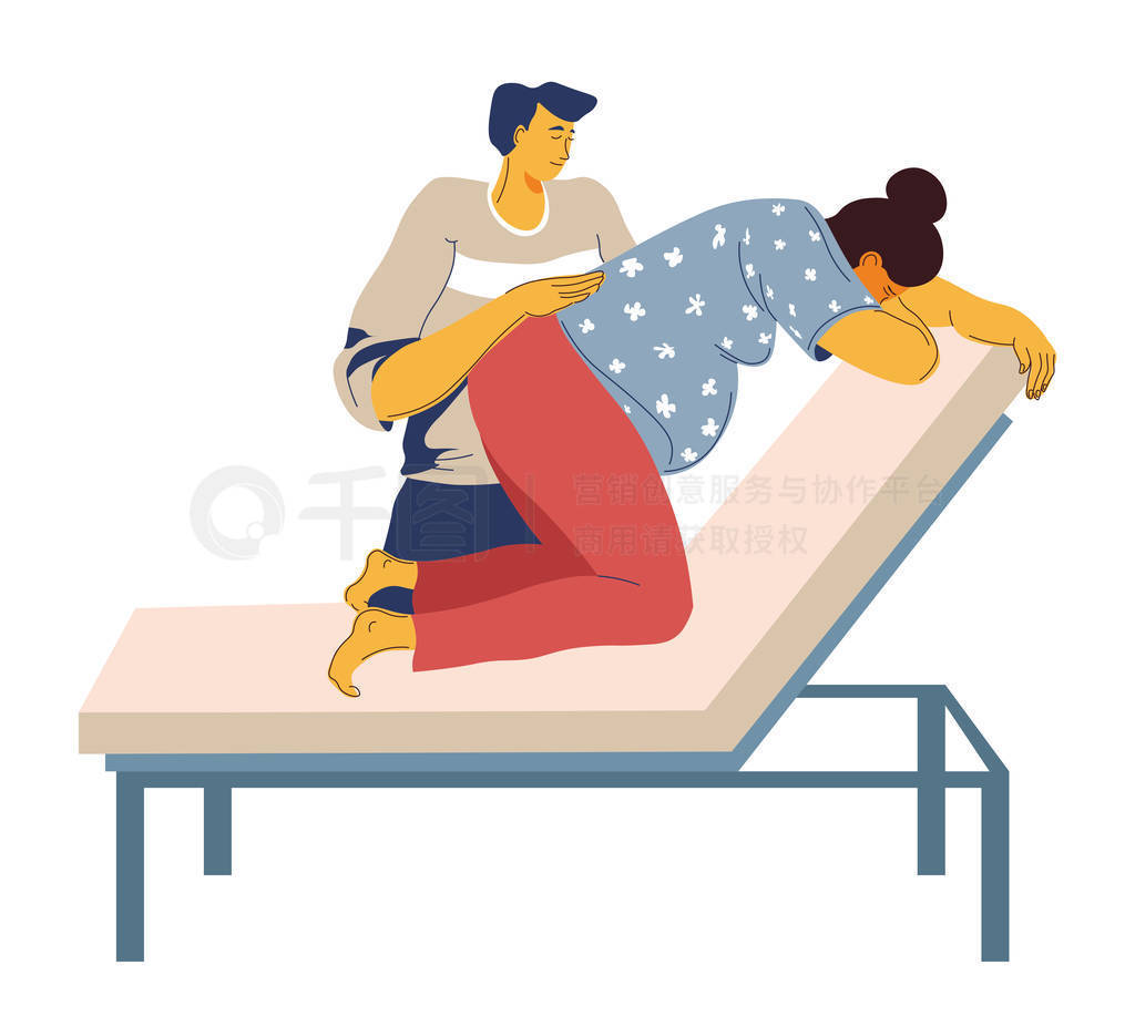 Position of pregnant woman with contractions, doctor and girl with belly giving birth hospital bed i