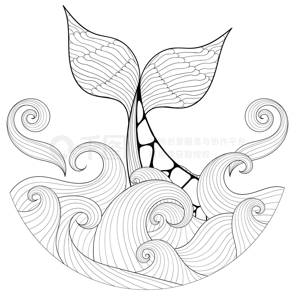 Whale tail in waves, zentangle style. Freehand sketch for adult