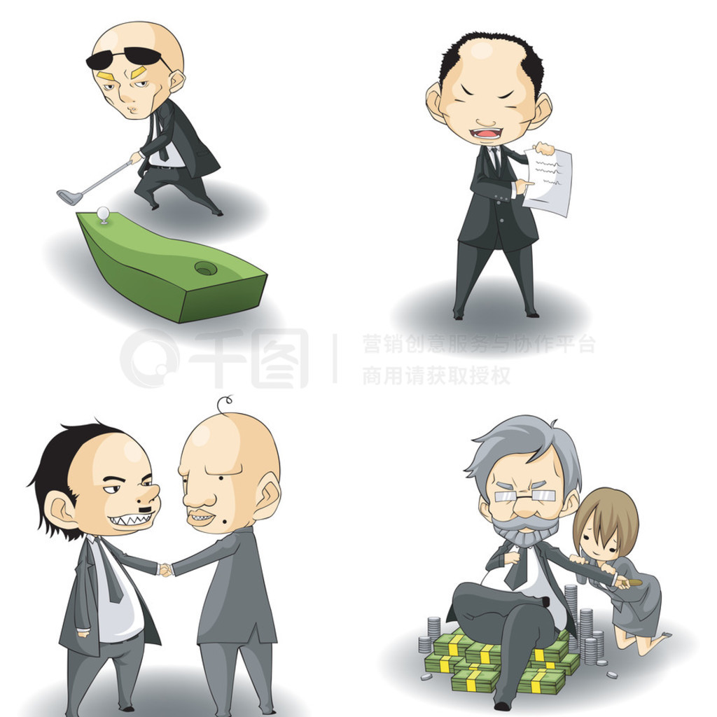 Funny cartoon SD mafia boss or bad business CEO boss icon set in various expression and action, crea