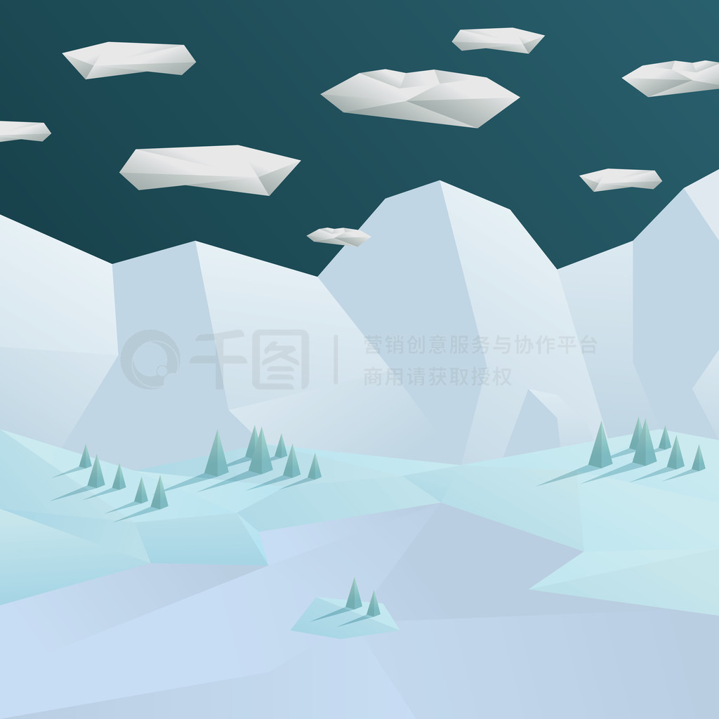 Low poly winter landscape background. 3d polygonal mountains and trees scene.