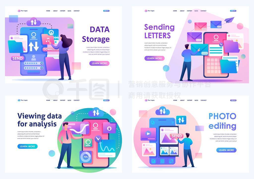 Set Flat 2D concepts Photo editing, data storage, viewing data, sending letters. For Landing page co