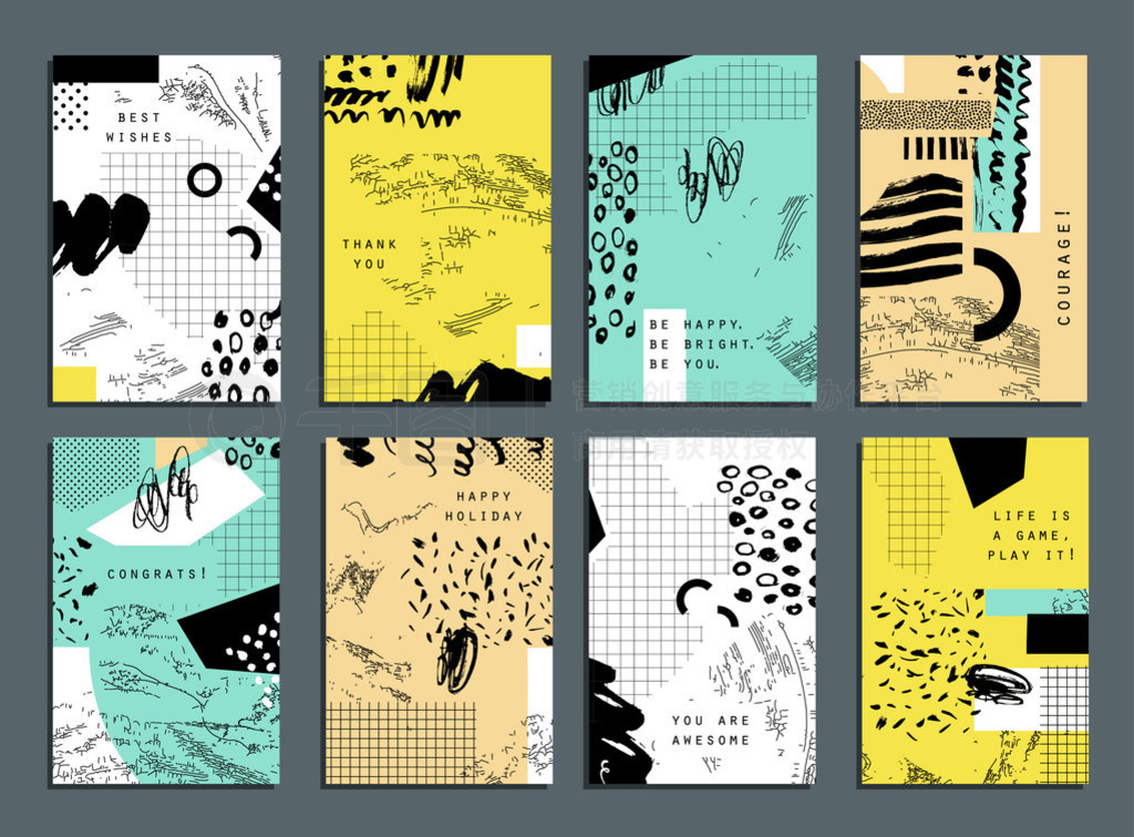 Collection of trendy cards with geometric shapes, hand made textures