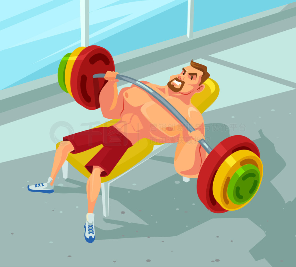 Weightlifting in a gym. Vector flat cartoon illustration