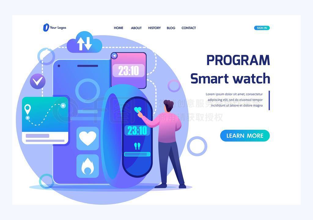 Man uses Fitness bracelet, adjusts smart watch program. Flat 2D character. Landing page concepts and