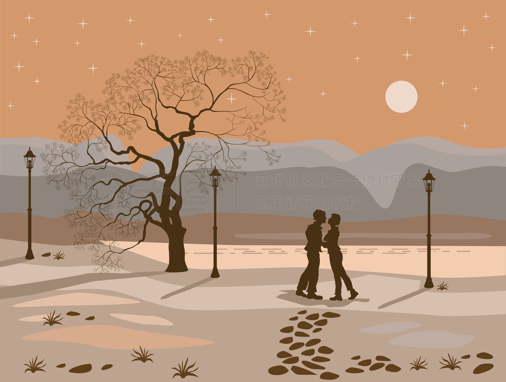 Kissing couple in the park at night