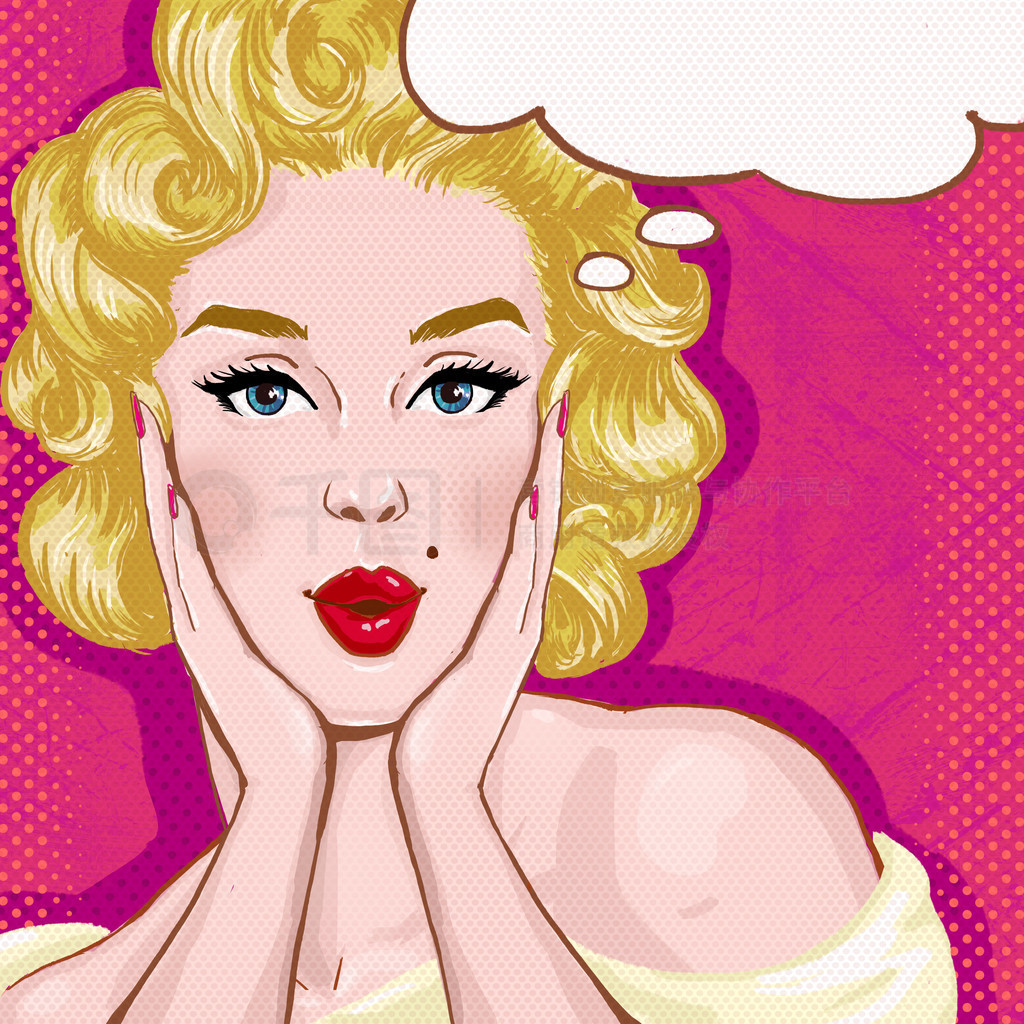 Pop Art illustration of blond girl with the speech bubble.Pop Art girl.