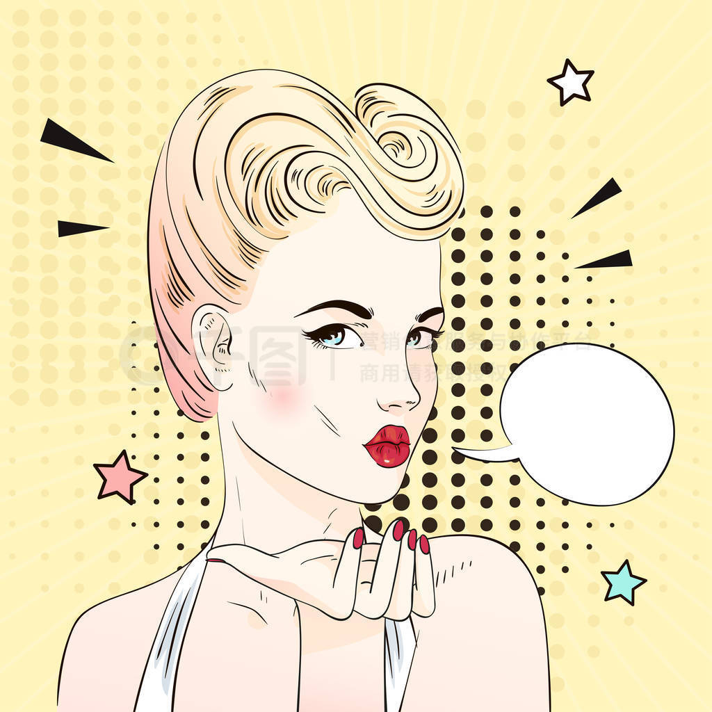 Pop art surprised blonde woman with retro hairstyle sends an air kiss. Comic woman with speech bubbl