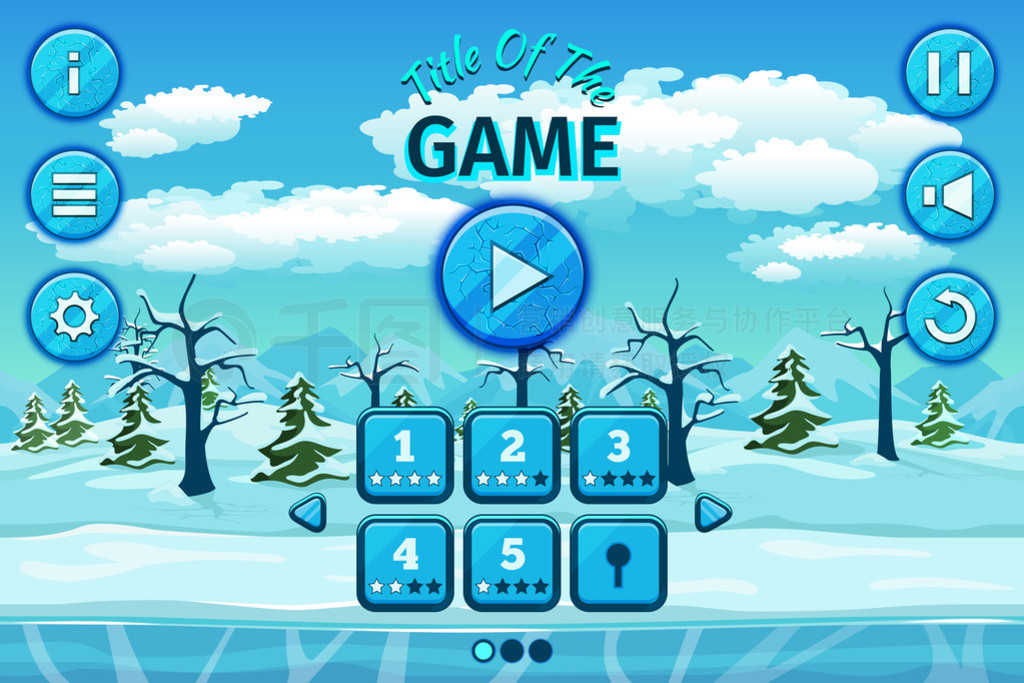 Cartoon winter or arctic landscape with ice, snow cloudy sky. Game user interface control elements,