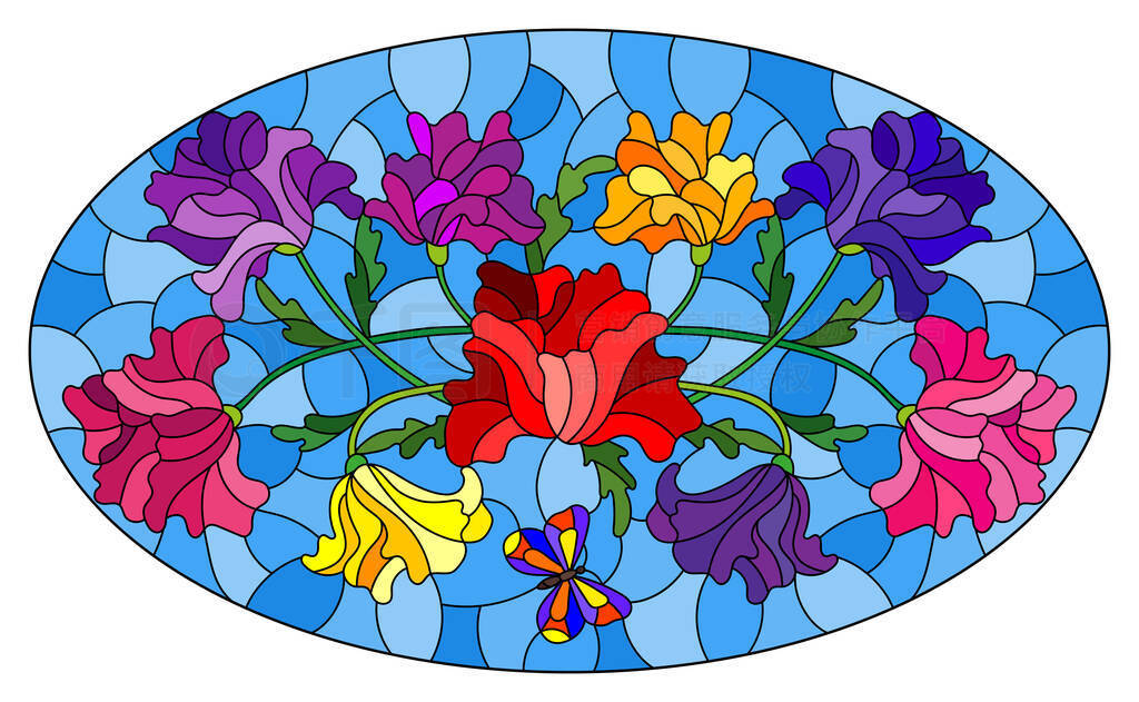 Illustration in stained glass style with floral arrangement of flowers, colorful flowers and leaves