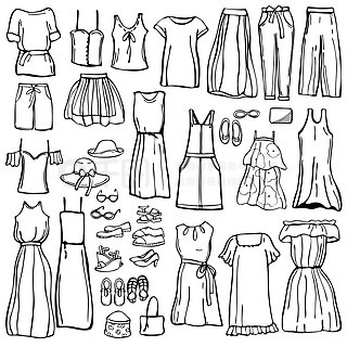 女式服装和鞋子矢量素描图