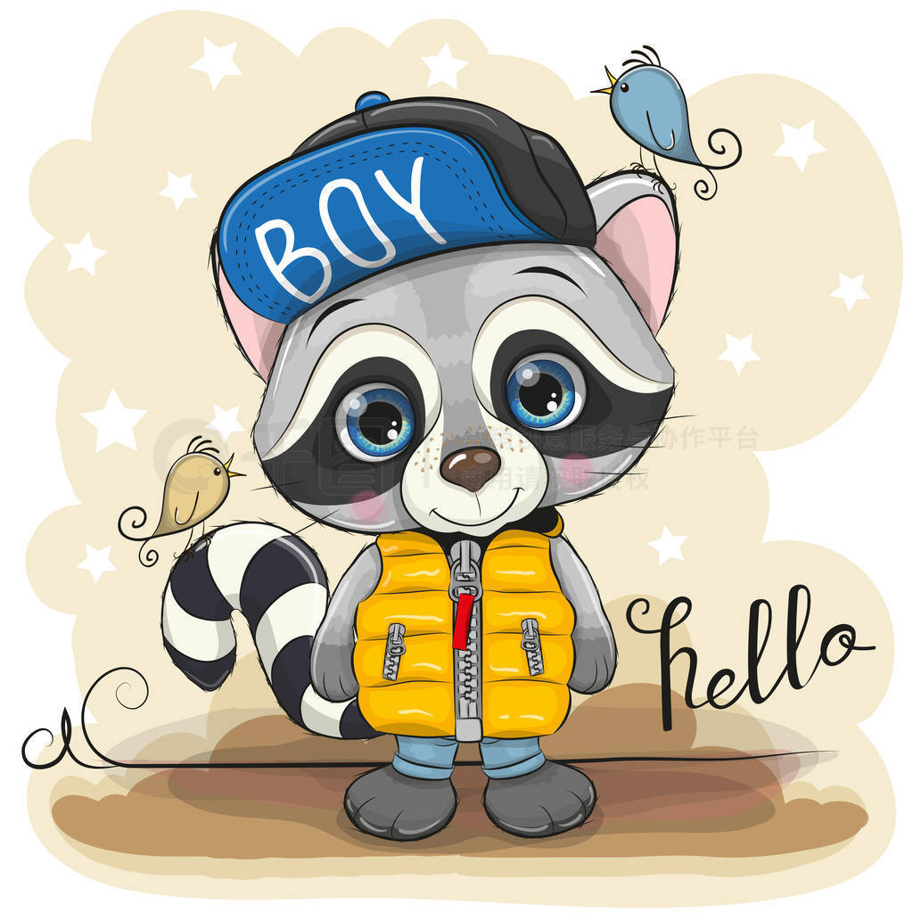 Cute Cartoon Raccoon in a yellow waistcoat and two birds