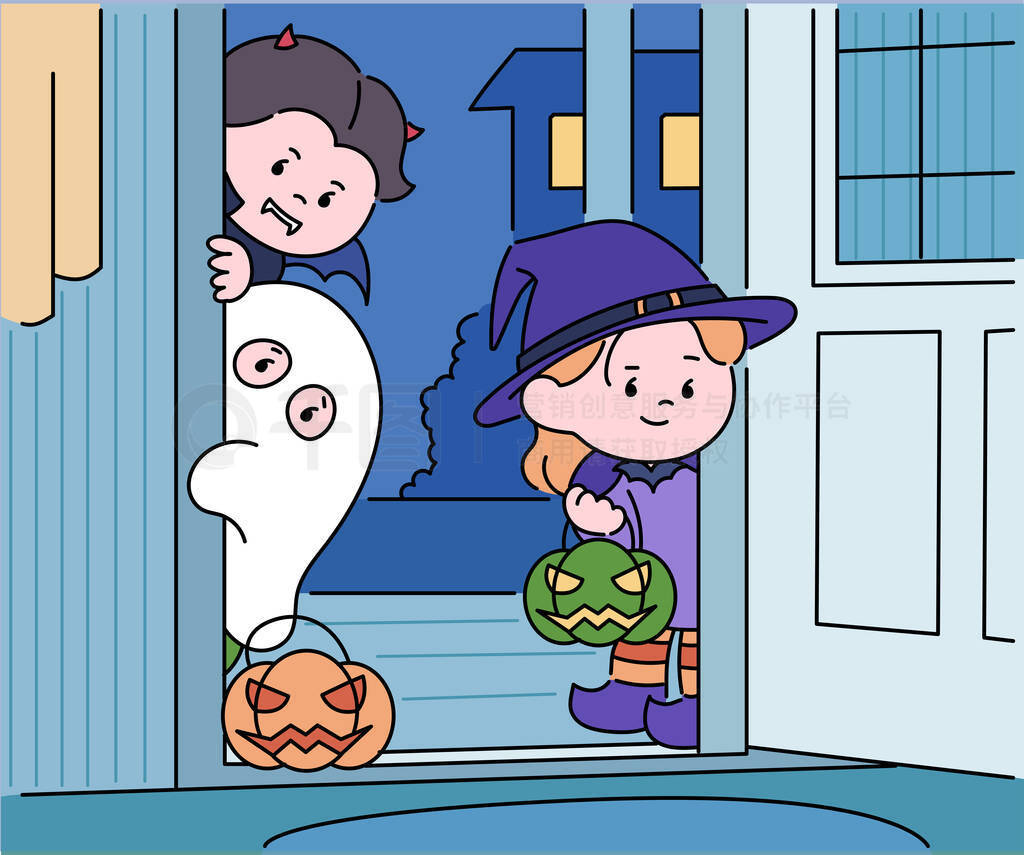 Kids dressed in Halloween costumes open the door and say trick or treat. hand drawn style vector des