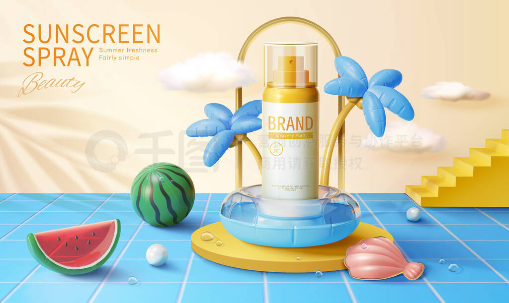 3d summer party cosmetic ad template with creative swimming pool scene design. Product bottle displa