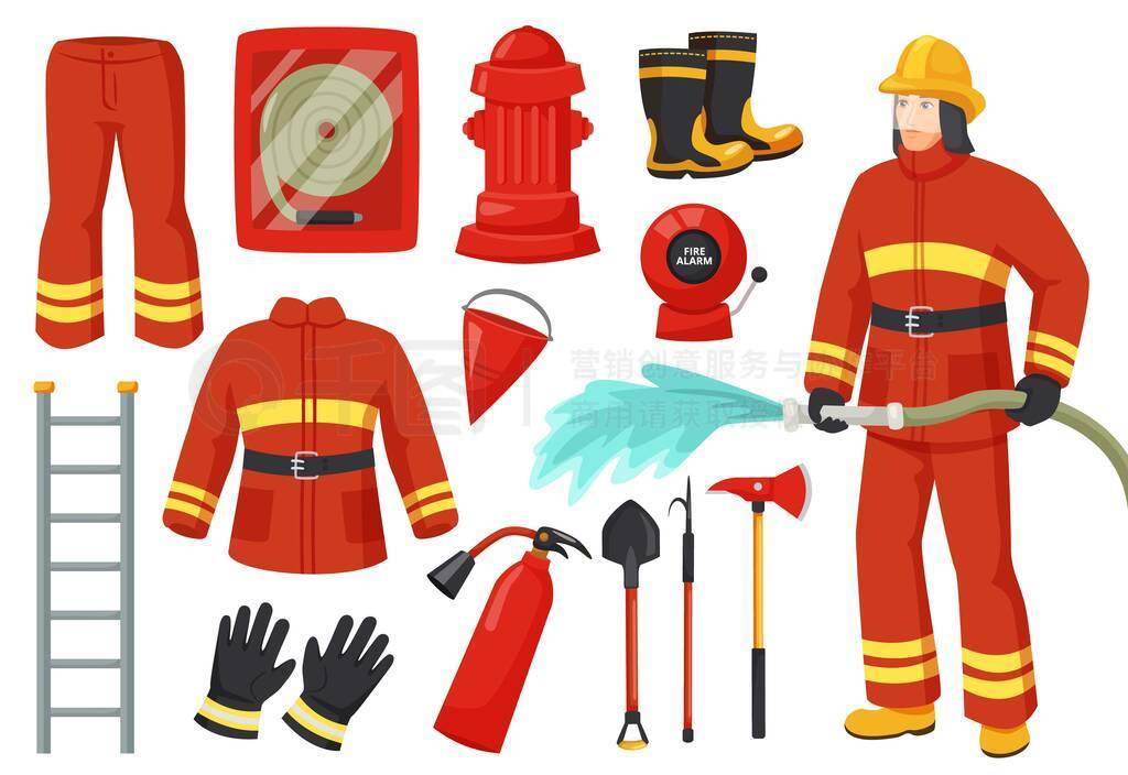 Cartoon firefighter character with fire fighting equipment and tools. Fireman uniform, hydrant, fire