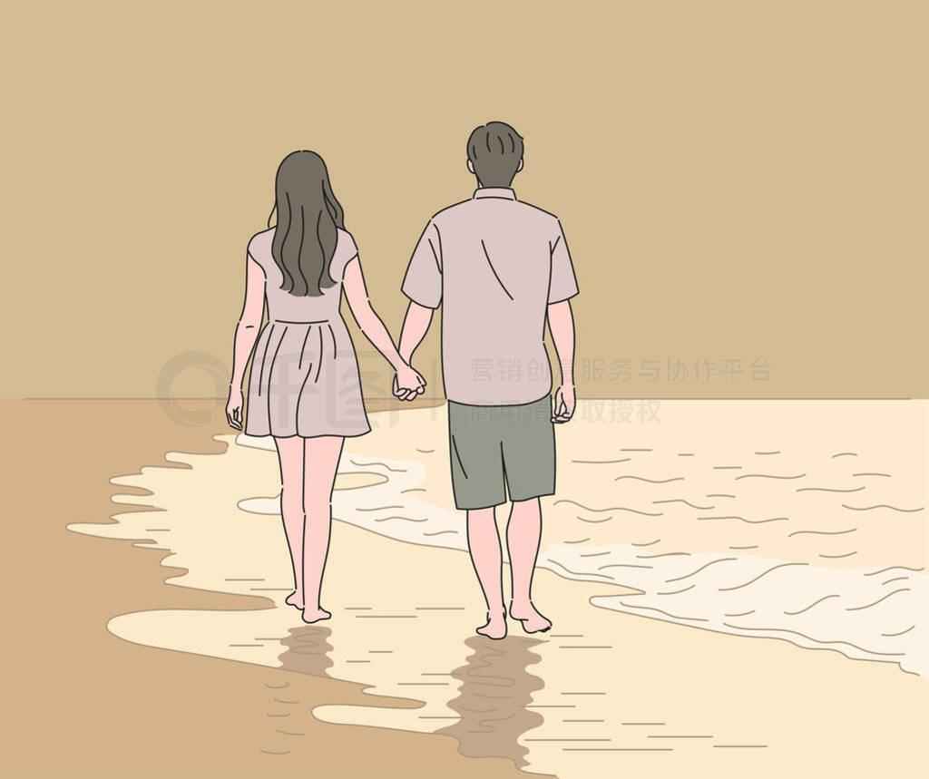 Back view of a couple holding hands and walking down the beach. hand drawn style vector design illus