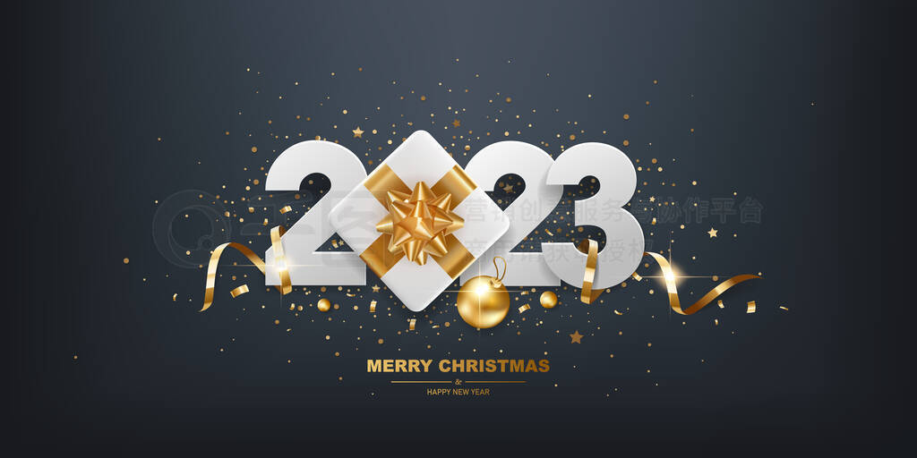 Happy New Year 2023. White paper numbers with golden ribbons, gift box and confetti on a black backg