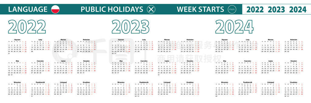 Simple calendar template in Polish for 2022, 2023, 2024 years. Week starts from Monday.