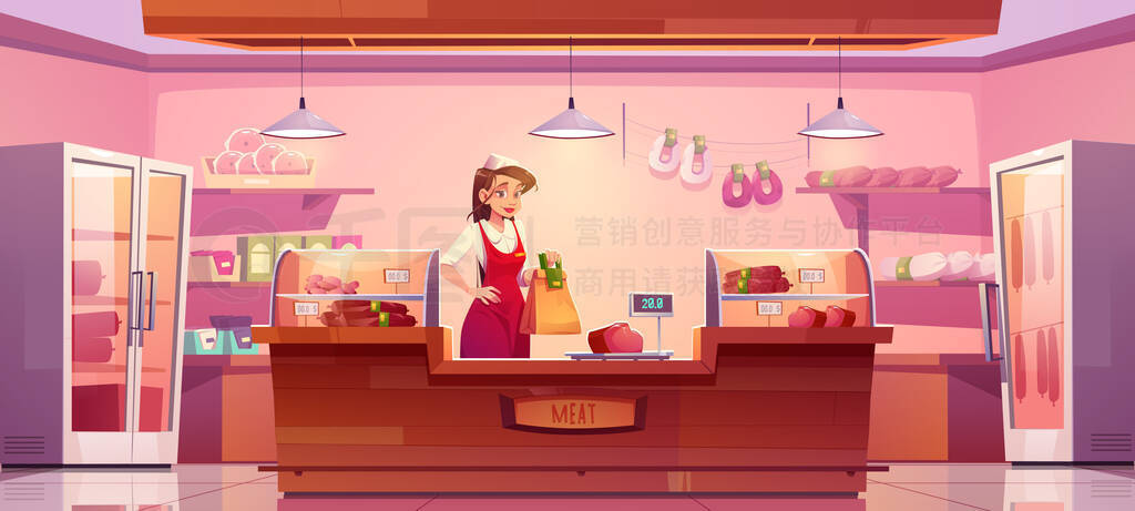 Meat store with woman seller, counter and sausages