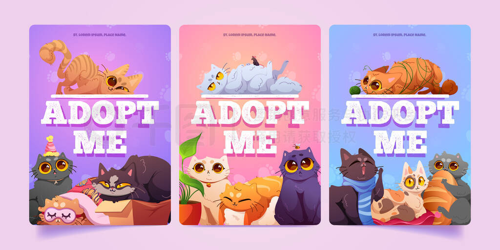 Adopt me posters with cute homeless cats in pet shelter. Funny fluffy kittens lying on pillow, sitti