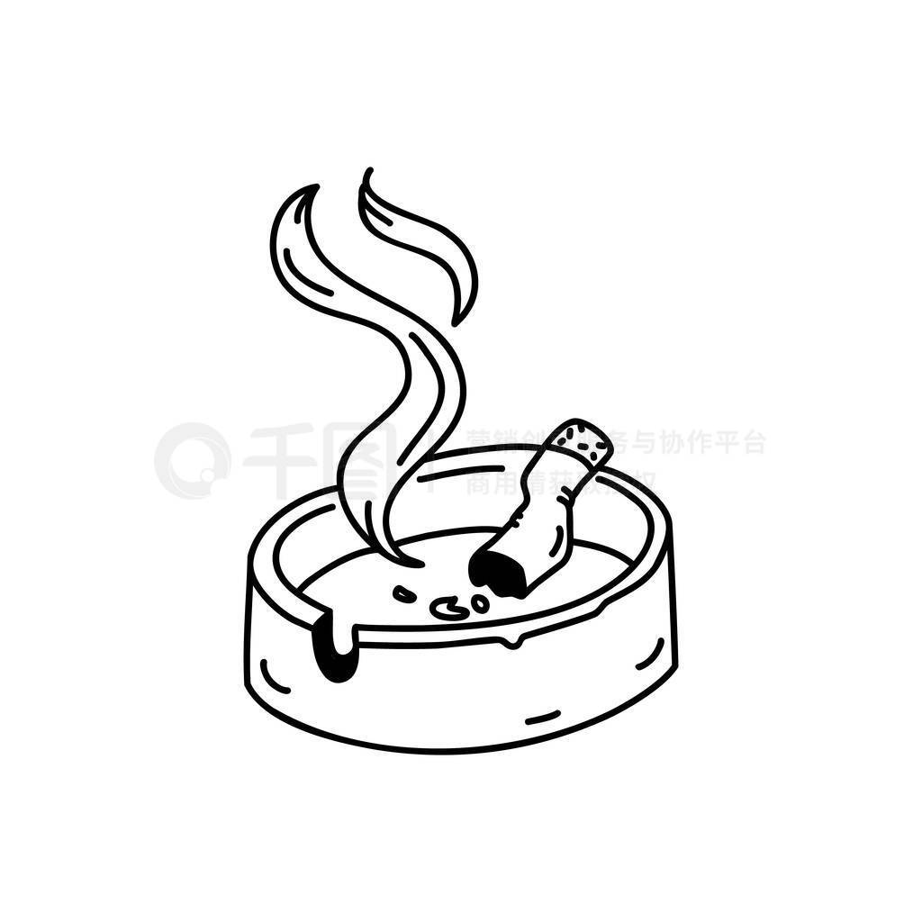 A dirty ashtray with a cigarette butt. The harm of smoking. Linear doodle style. Vector on isolated