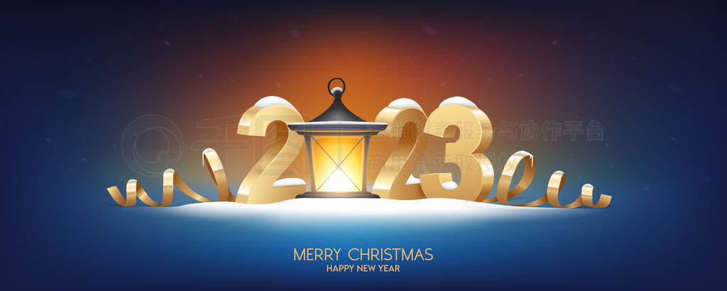 Happy New Year 2023. Golden 3D numbers with retro lantern, covered with snow on blue background. Hol