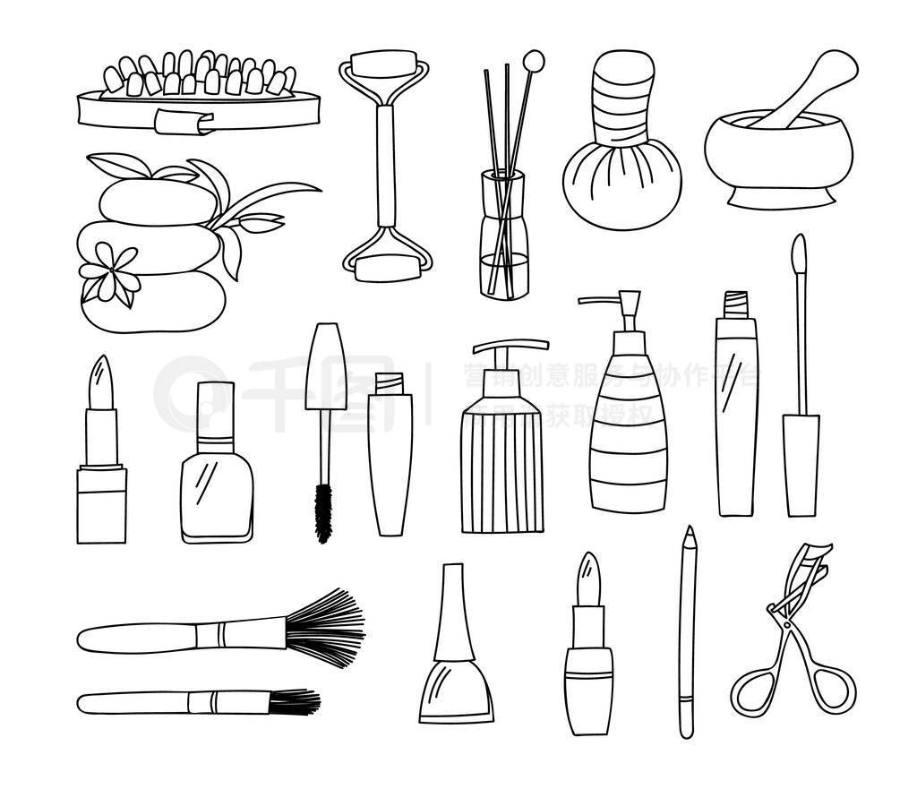 Spa and beauty items doodle illustrations collection in vector. Spa and beauty items hand drawn illu