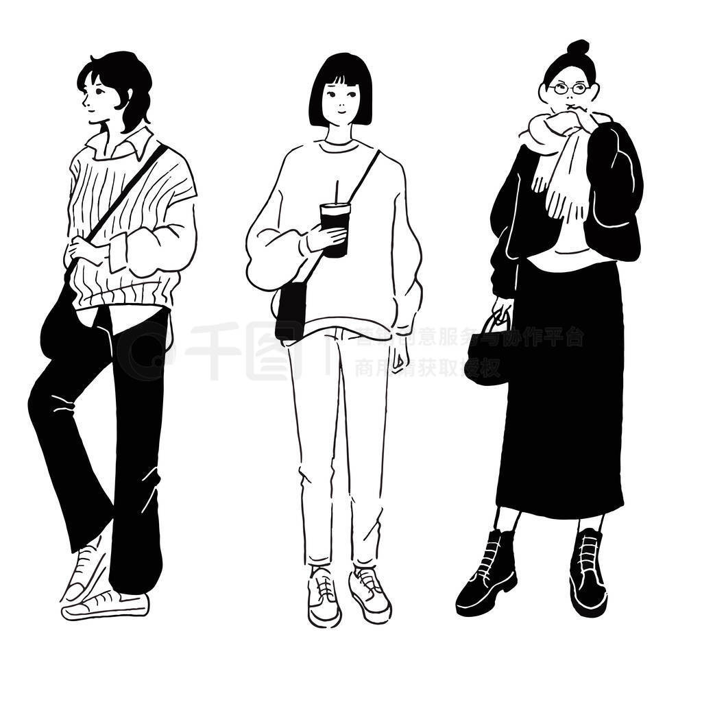 Vector line drawing set of a fashionable woman