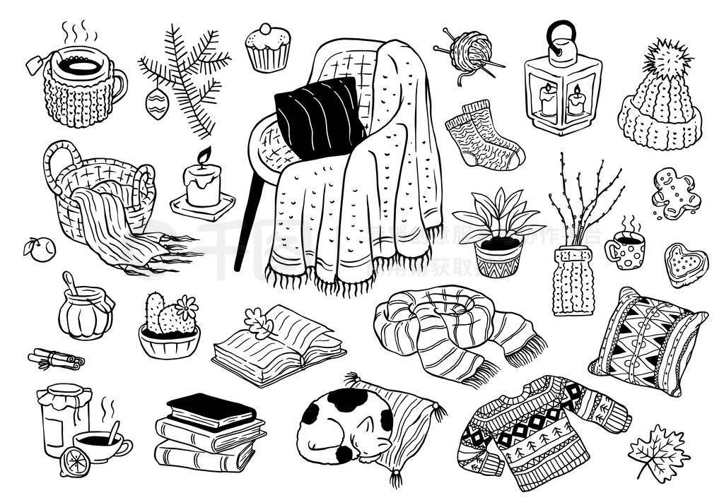 Vector sketch set of cozy hygge elements