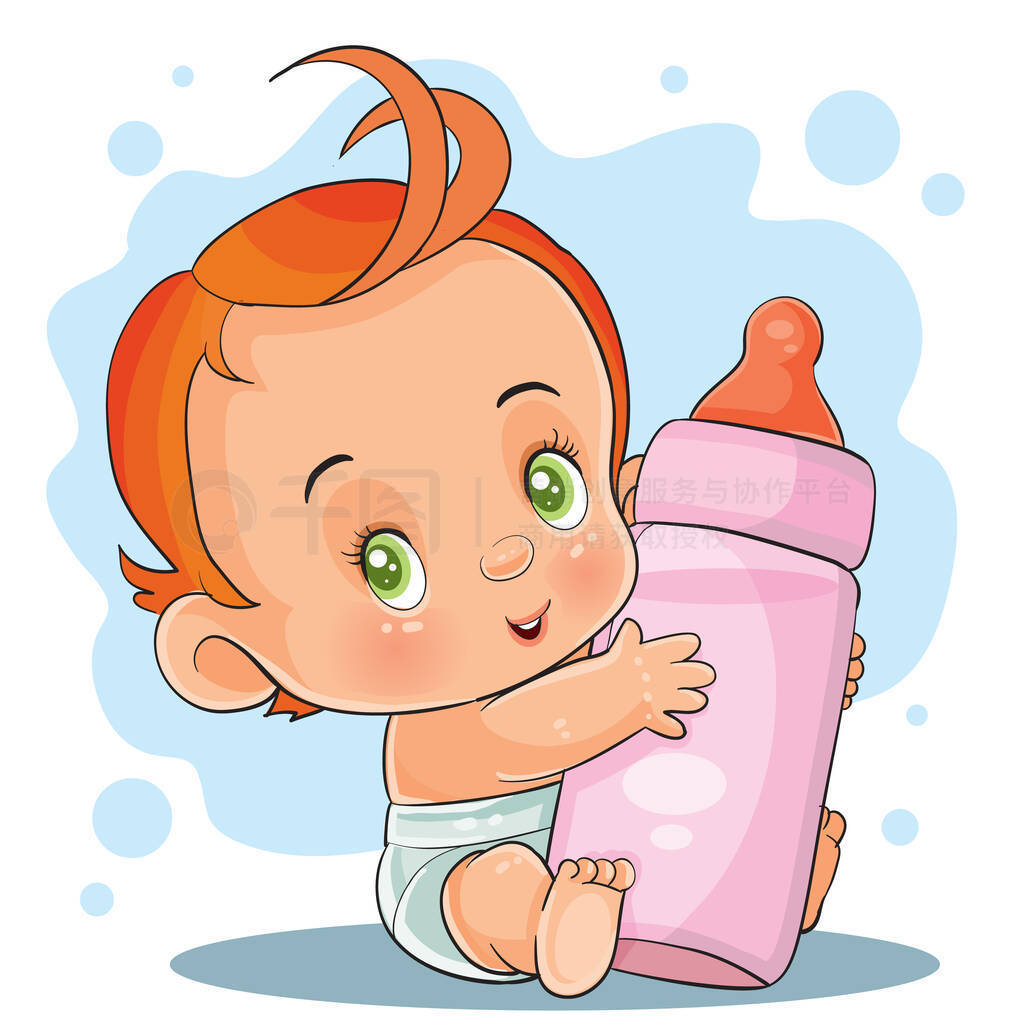 little child with red hair and a deep diaper holds in a small handles a large bottle in pink color,