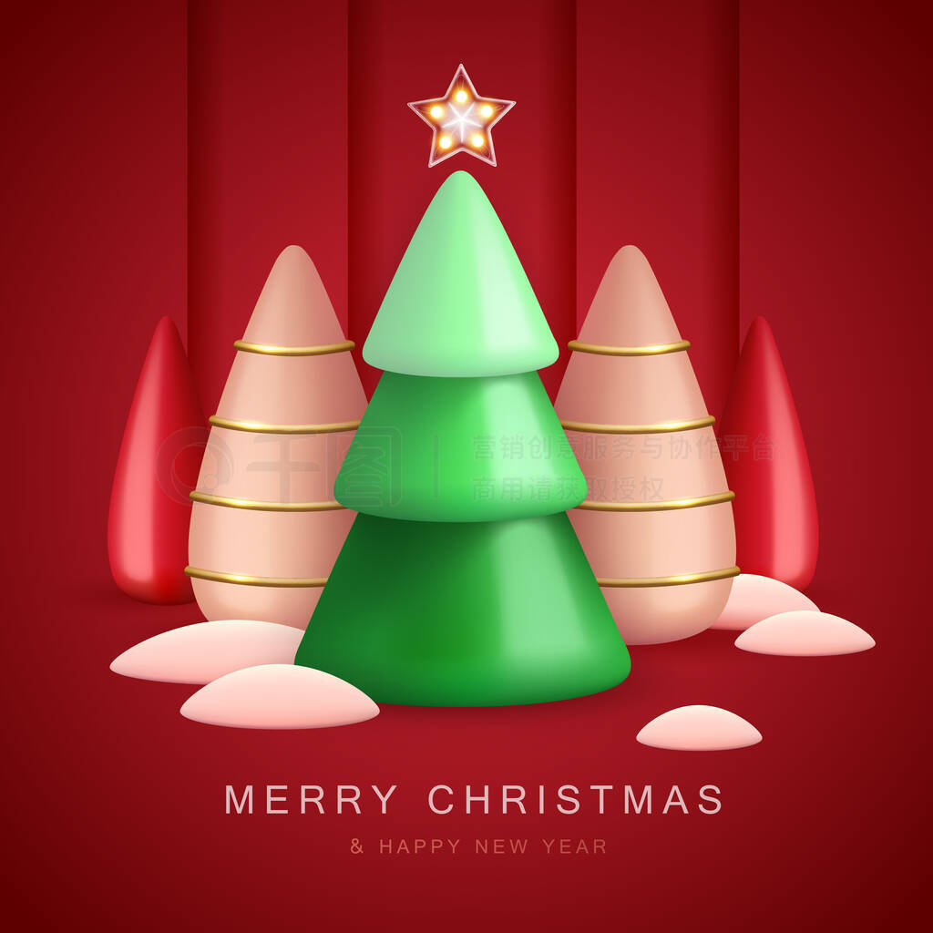 Christmas holiday background with realistic 3D plastic Christmas trees. Merry Christmas and Happy ne