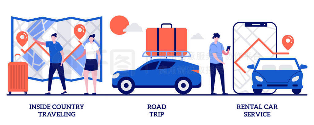 Inside country travel, road trip, rental car service concept with tiny people. Active holiday abstra