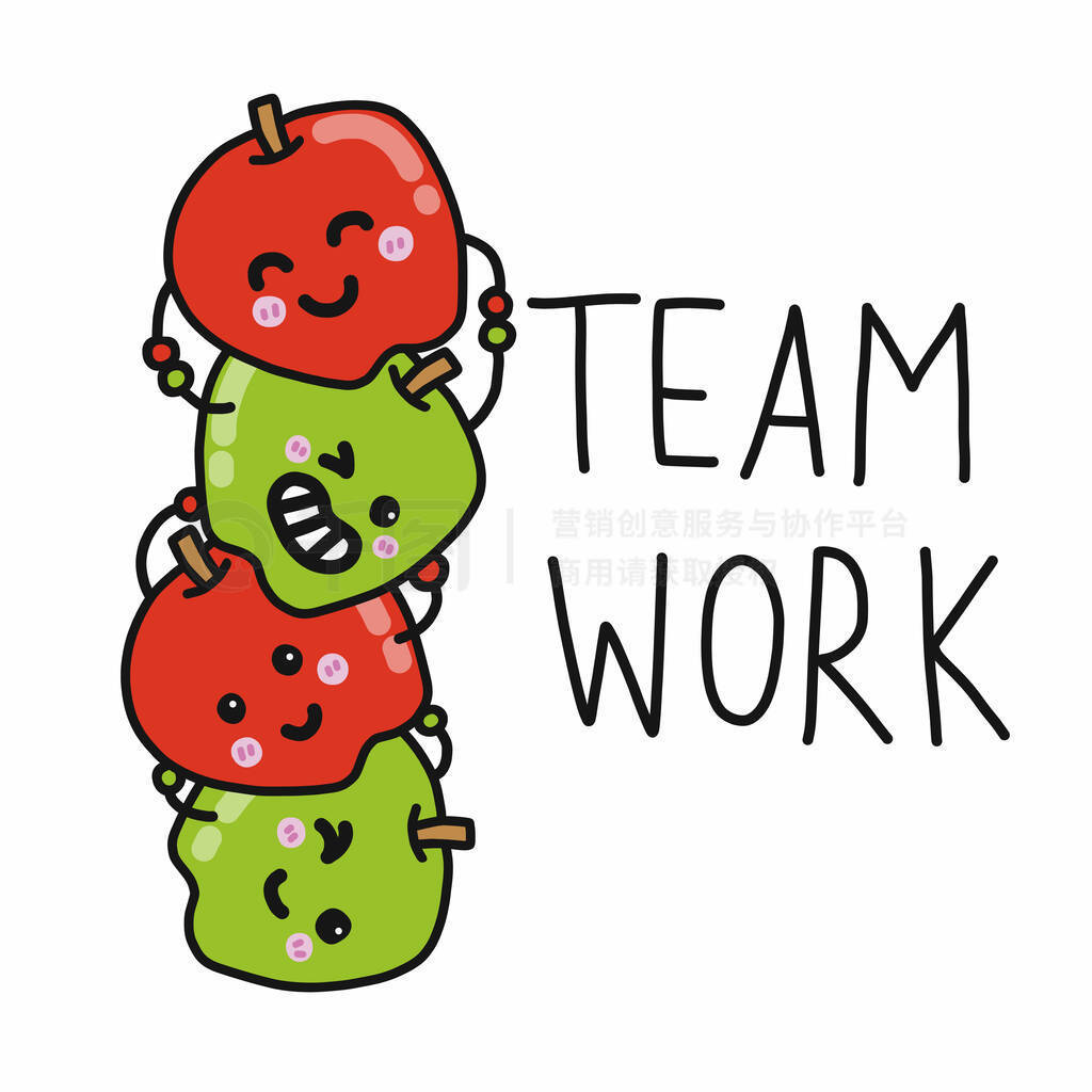 Apple friend team work cartoon vector picture doodle style, business concept