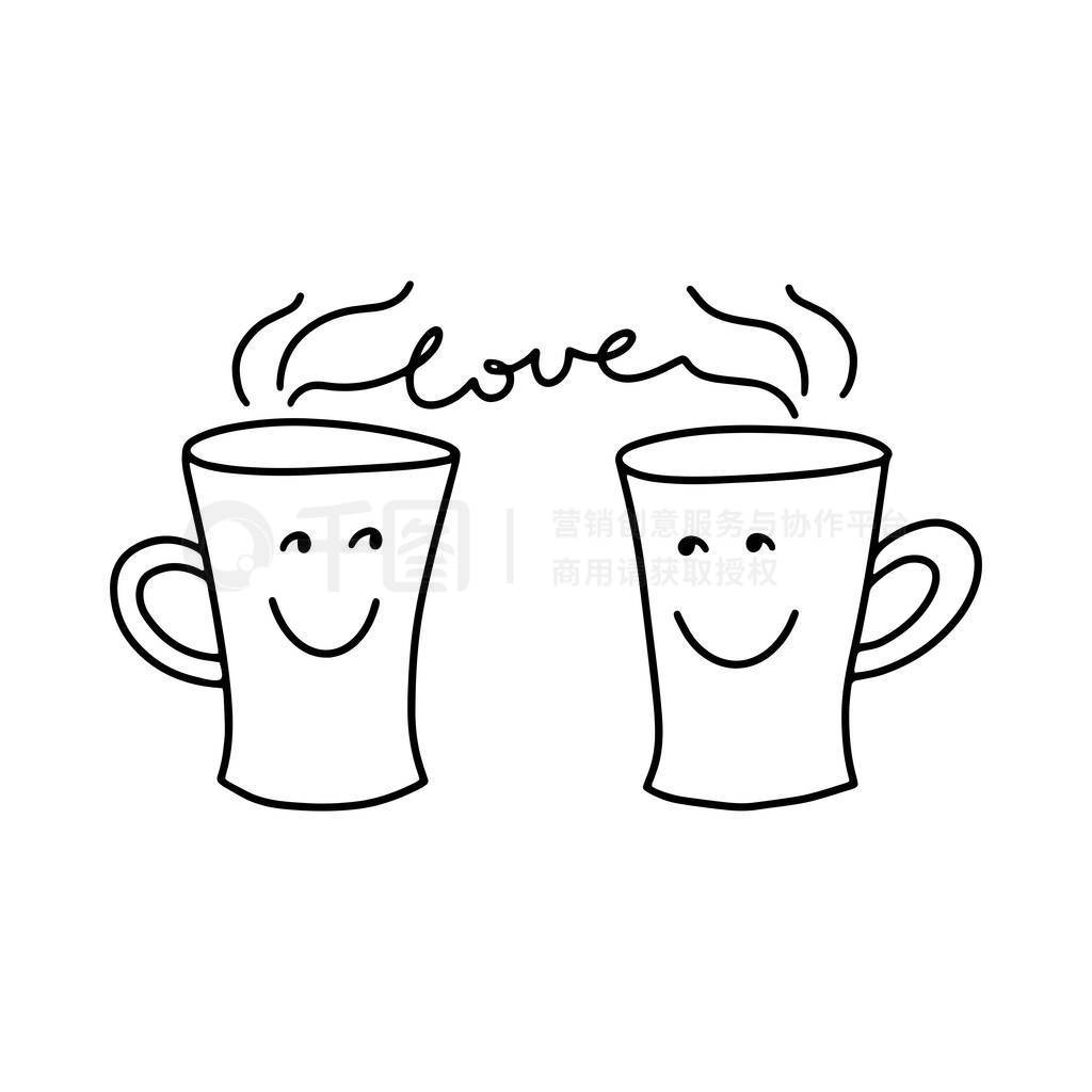 Funny mugs with hot drink in the doodle style. Handdrawn vector illustration. Black outline of mugs