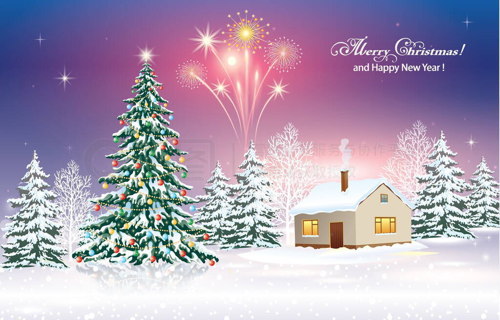 Happy New Year 2022. Holiday Christmas tree on a winter snowy landscape with fireworks. Vector illus