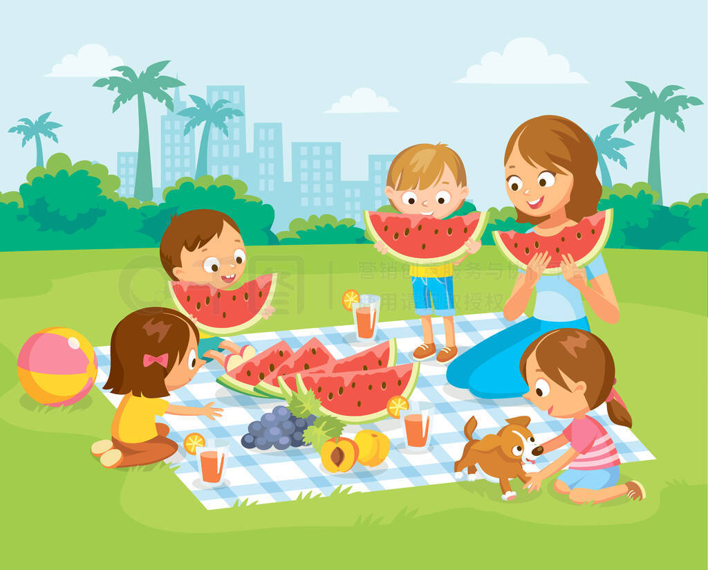 Vector portrait mother and 4 four kids children eating large red watermelon and fruits on picnic at