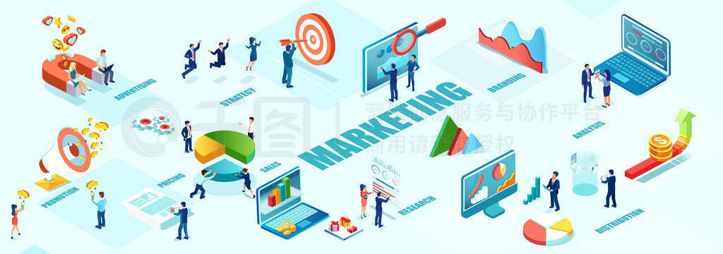 Business marketing and management concept. Isometric vector of business people working as a team to