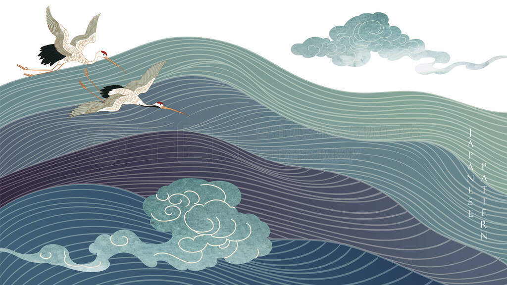 Crane birds vector. Japanese background Oriental natural wave pattern. Ocean sea decoration banner d