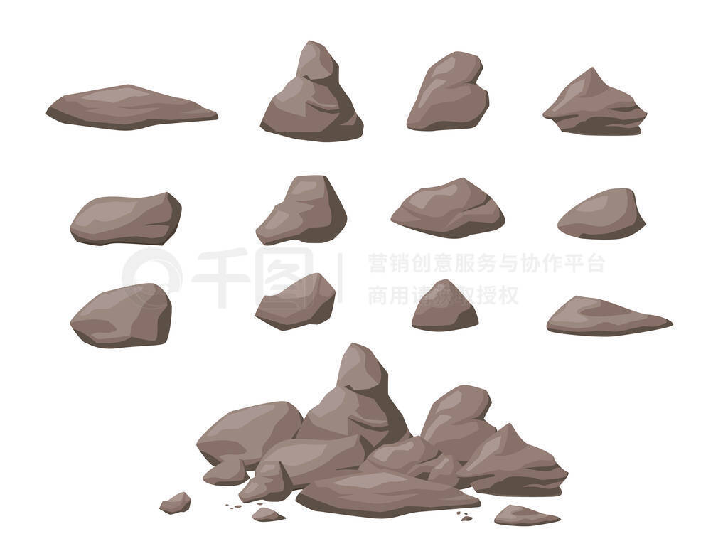 Set of stone different form on white background. Vector rocks and a pile of brown stones in cartoon