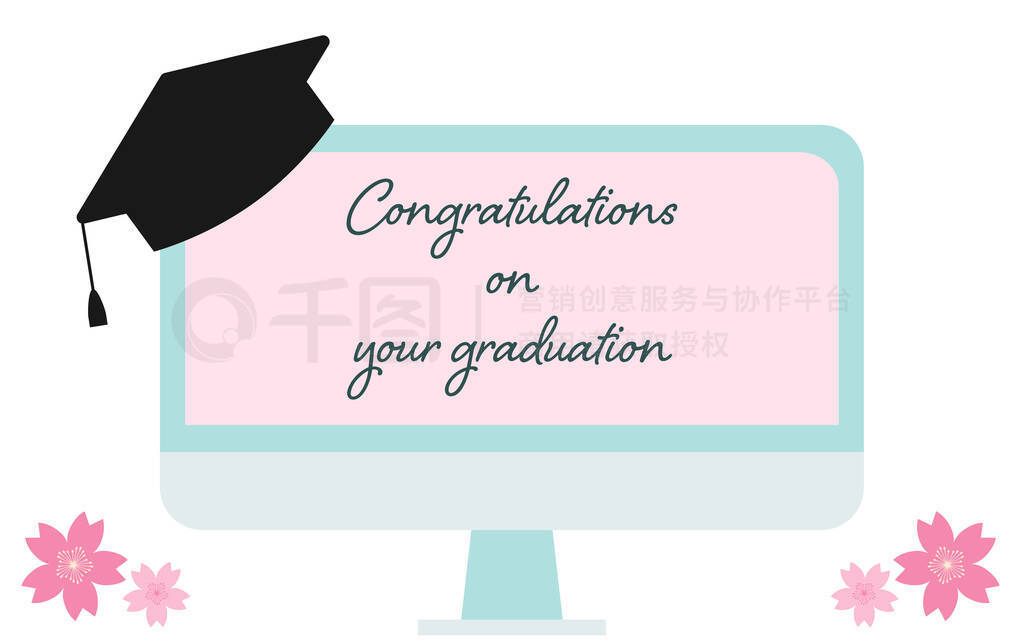 Image of online graduation ceremony, congratulatory message on the monitor