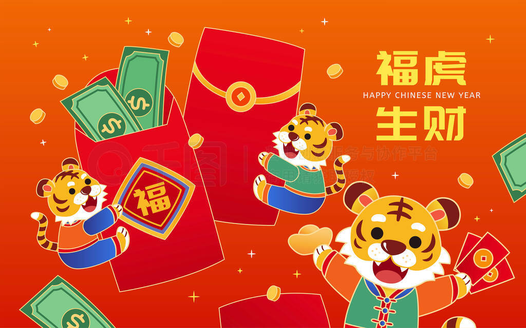 2022 CNY Year of the Tiger card. Illustration of tigers receiving red envelope attached with a coupl