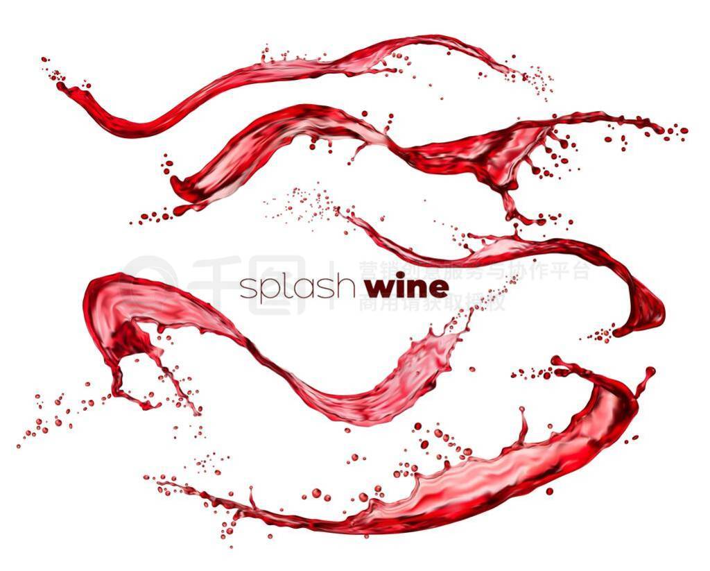 Red wine or juice wave splash and flow with drops. Isolated wine swirls falling stream, fruit or ber