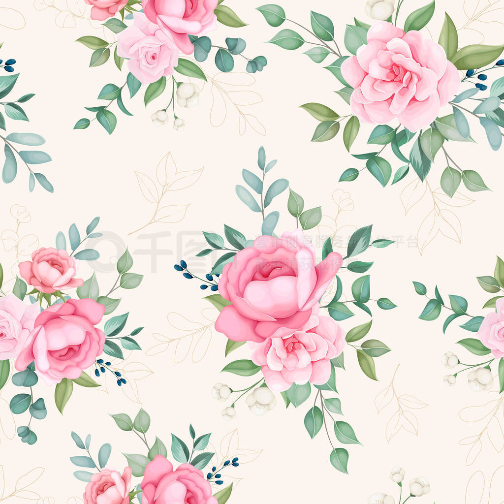 Beautiful blooming floral and leaves seamless pattern