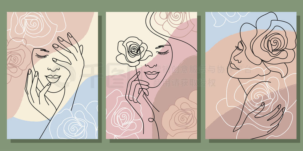 set of linear abstract portraits in minimalism style, line art. beautiful girls with flowers on a pa