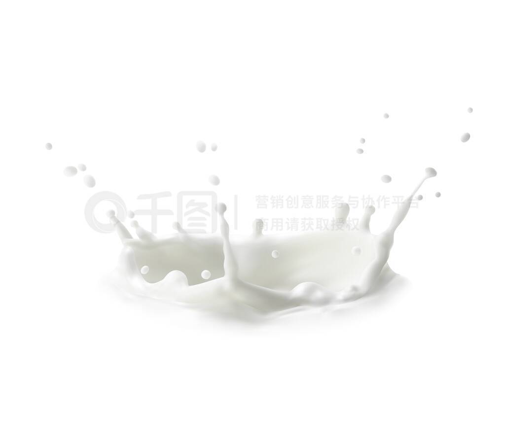 Milk crown splash, splatters and white milky drops, realistic vector. Milk splash flow or cream drin