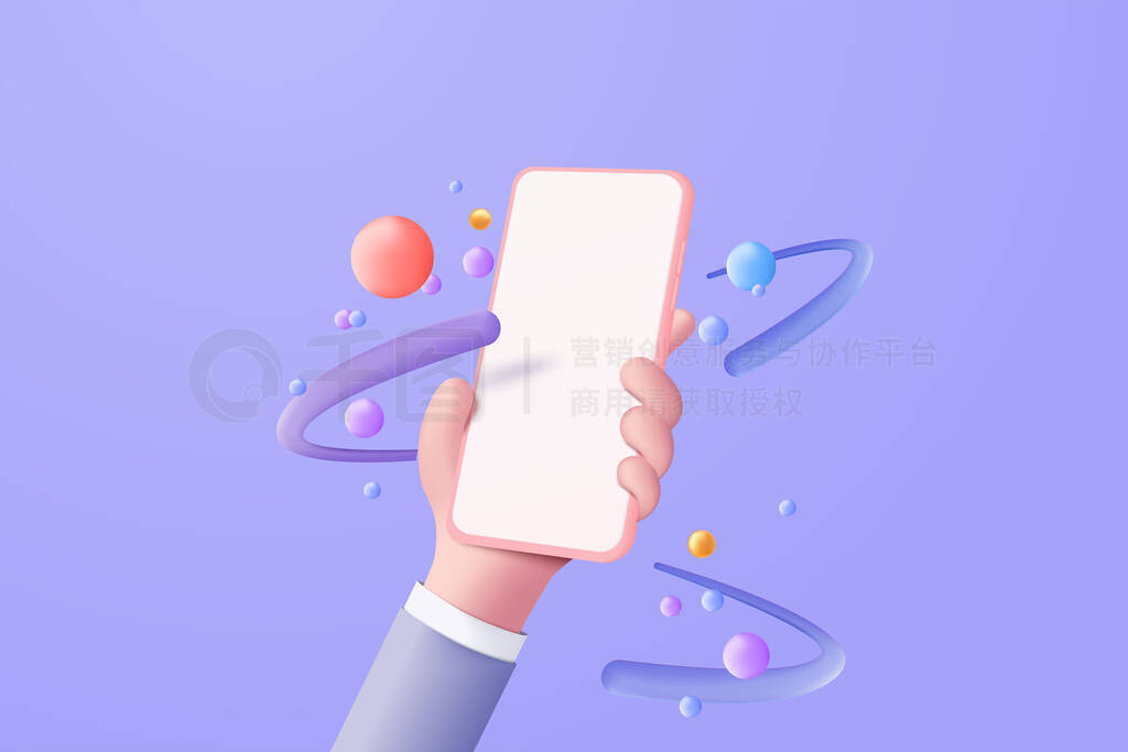 3D vector hand holding mobile phone isolated on purple background, Hand using smartphone with empty