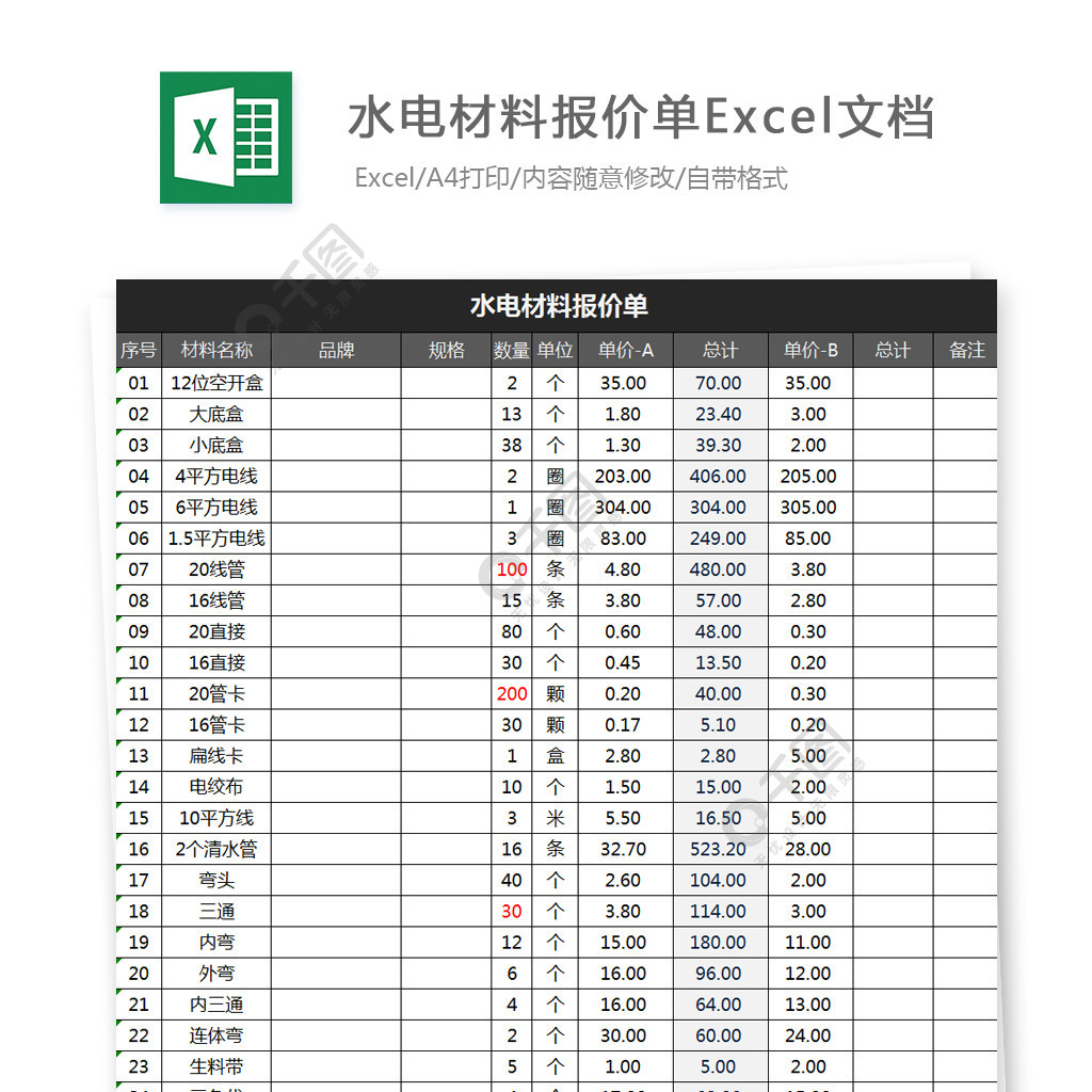 水電材料報價單模板免費下載_xls格式_編號26632855-千圖網