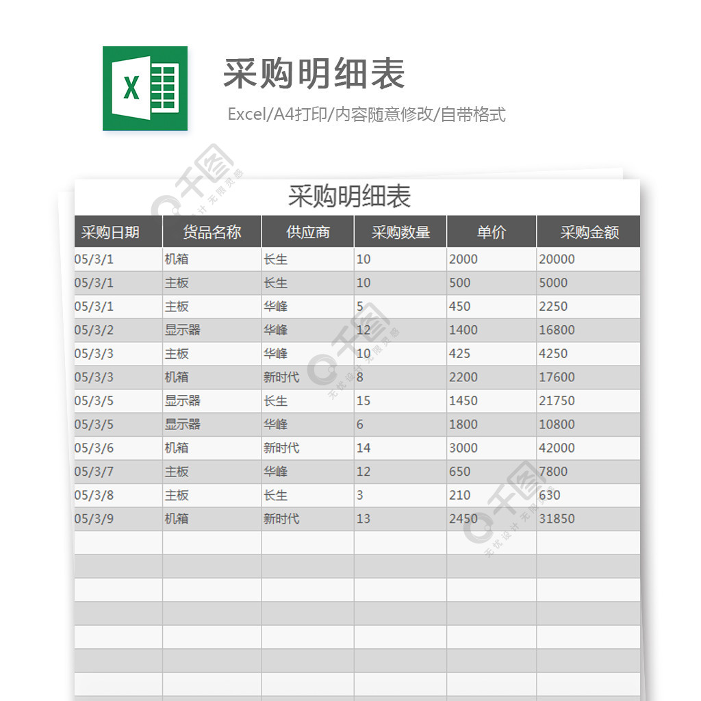 採購明細表excel模板免費下載_xls格式_編號26835594-千圖網